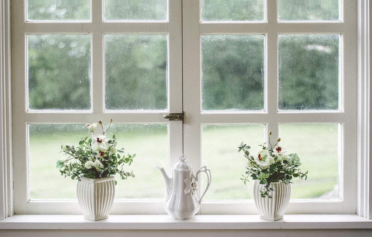A vase of flowers sits in front of a window